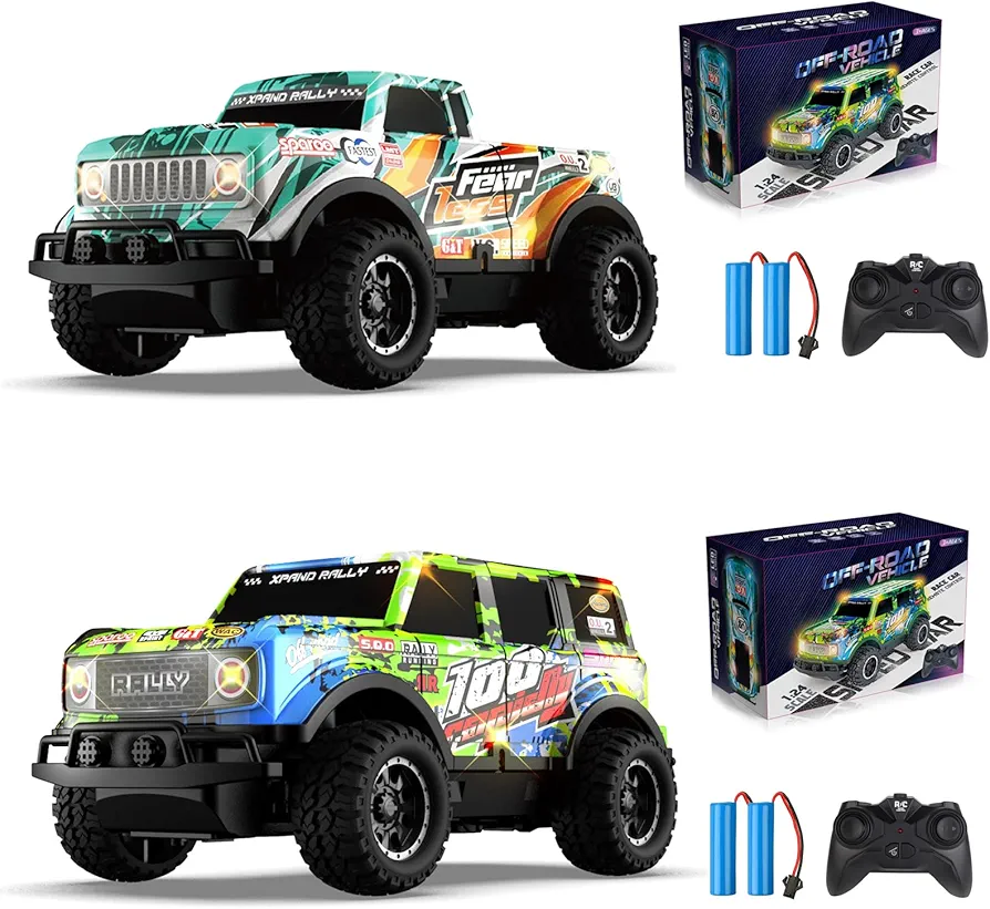 2PCS Remote Control Car, Light Up RC Car Toys, 2.4GHz 1:24 Scale 15KM/H Off-Road with Cool LED Lights Racing Rechargeable Toy Car for Christmas Birthday Kids Boys Girls for 4-7 8-12 Year Old