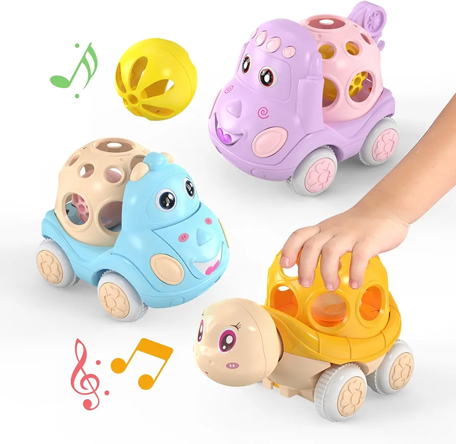 Baby Car Toy for 12 18 Months, Rattle and Roll Soft Rubber Vehilces for 1 2 3 Year Old Toddlers, 3 PCS Push and Go Friction Powered Cars, First Ideal Early Educational Gift for Girls Boys