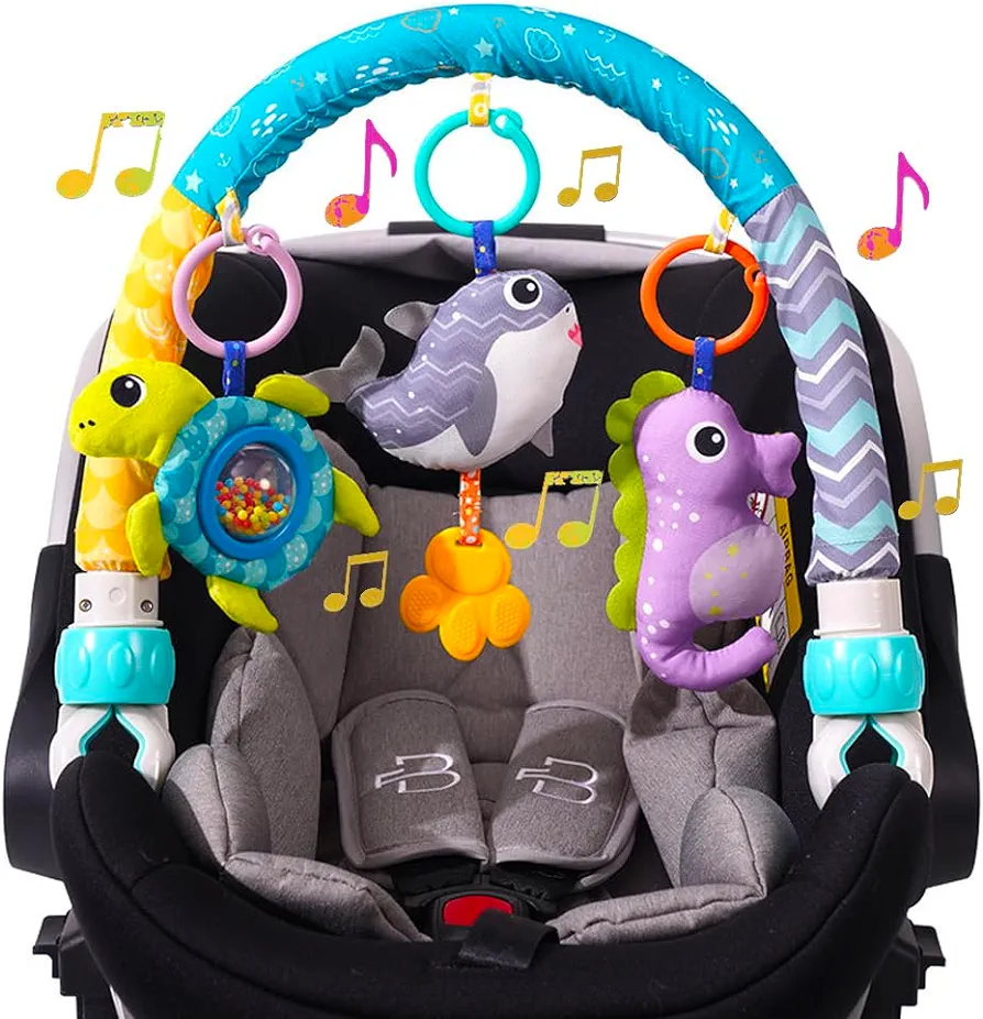 Baby Stroller Arch Toy, Clip On Arch Mobile for Bassinet with Universal Clamps, Activity Toy Bar for Baby Bouncer Musical Crib Mobile Toys for Infants Baby Car Seat Toys Rattle Turtle Music Whale