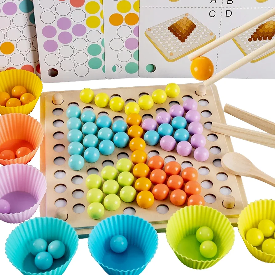 3 in 1 Toddler Board Games-Color Sorting, Math Counting and Montessori Puzzle Jigsaw -Fine Motor Toys with Rainbow Beads, Cups, Kids Tweezers, Spoon & Chopsitcks, Montessori Toys for 3 Year Old+