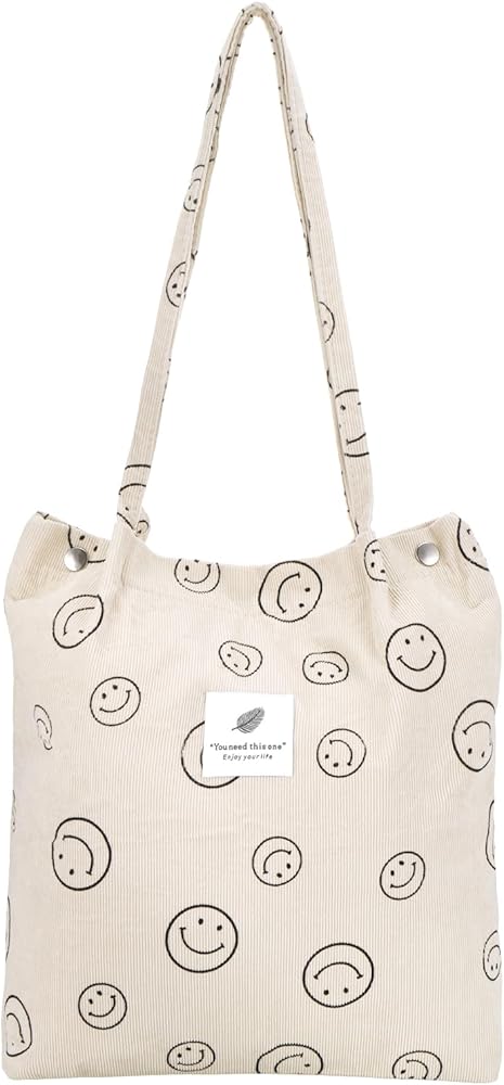 Tote Bag for Women, Corduroy Women's Totes, Large Tote bag with Magnetic Button and 3 Compartment, Beach Bag, Cute Tote Bag with Smiling face Pattern for Work Shopping School (Beige), Beige, cm