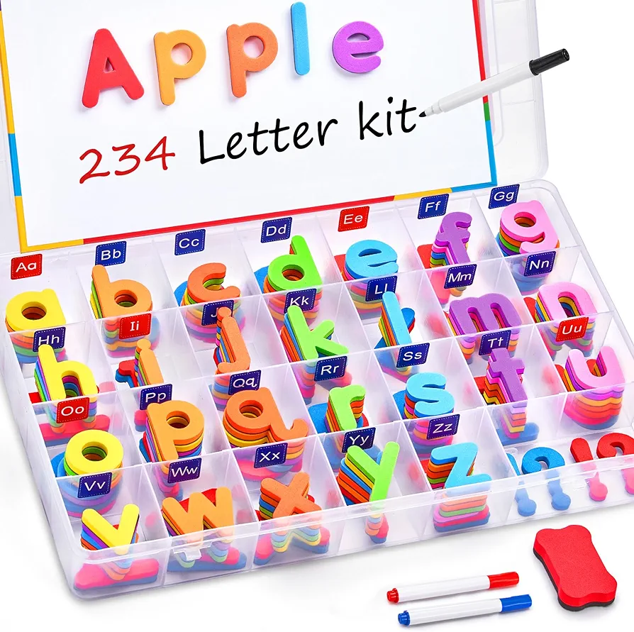 Classroom Magnetic Letters Kit Colorful 234 Pcs with Double - Side Magnet Board - Foam Alphabet Letters for Preschool Kids Toddler Spelling and Learning - Fridge Magnets ABC Education Toys