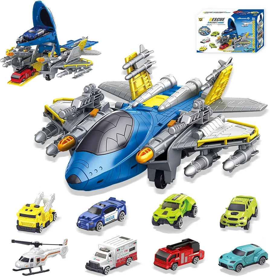 Vehicle Toy Set Airplane Playset for Kids Ages 3-6 - Aircraft Toy Set with Fighters Helicopter Racing Car Engineering Vehicle, Birthday for 3 4 5 6 7 8 Years Old Boys Girls