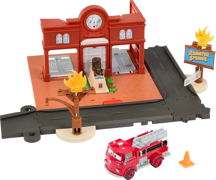 Mattel Disney and Pixar Cars On The Road Toys, Red’s Fire Station Playset with Die-cast Fire Truck & Kid-Activated Action