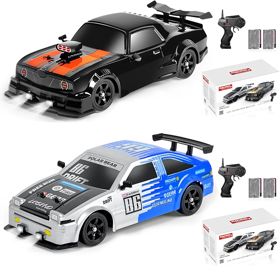 2PCS Remote Control Car RC Drift Car 1:16 Scale 4WD 18KM/H High Speed Model Vehicle 2.4GHz with LED Lights Spray Rubber Tire Racing Sport Toy Car for Adults Boys Girls Kids Gift 2Pcs Rechargeable Batt