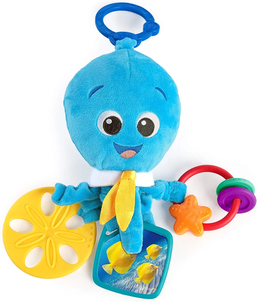 Baby Einstein Activity Arms Octopus BPA Free Clip on Stroller Toy with Rattle and Mirror, Age Newborn + , Blue