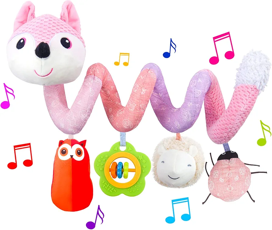 Car Seat Toys, Infant Baby Pink Fox Spiral Activity Plush Hanging Toys for Car Seat Stroller Bar Crib Bassinet Mobile with Music Box BB Squeaker and Rattles（Pink）