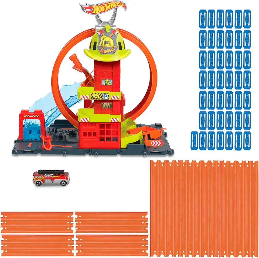 Bundle of Hot Wheels Toy Car Track Set City Super Loop Fire Station & 1:64 Scale Firetruck + Hot Wheels Track Builder Car & Mega Track Pack, 40-ft of Track & 1:64 Scale Toy Car (Amazon Exclusive)