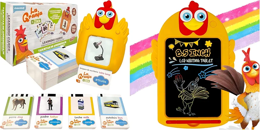 La Granja De Zenon Bartolito Toddlers Spanish English Talking Flash Cards with 224 Sight Words and LCD Writing Tablet Doodle Boards Colorful Toddlers Toys