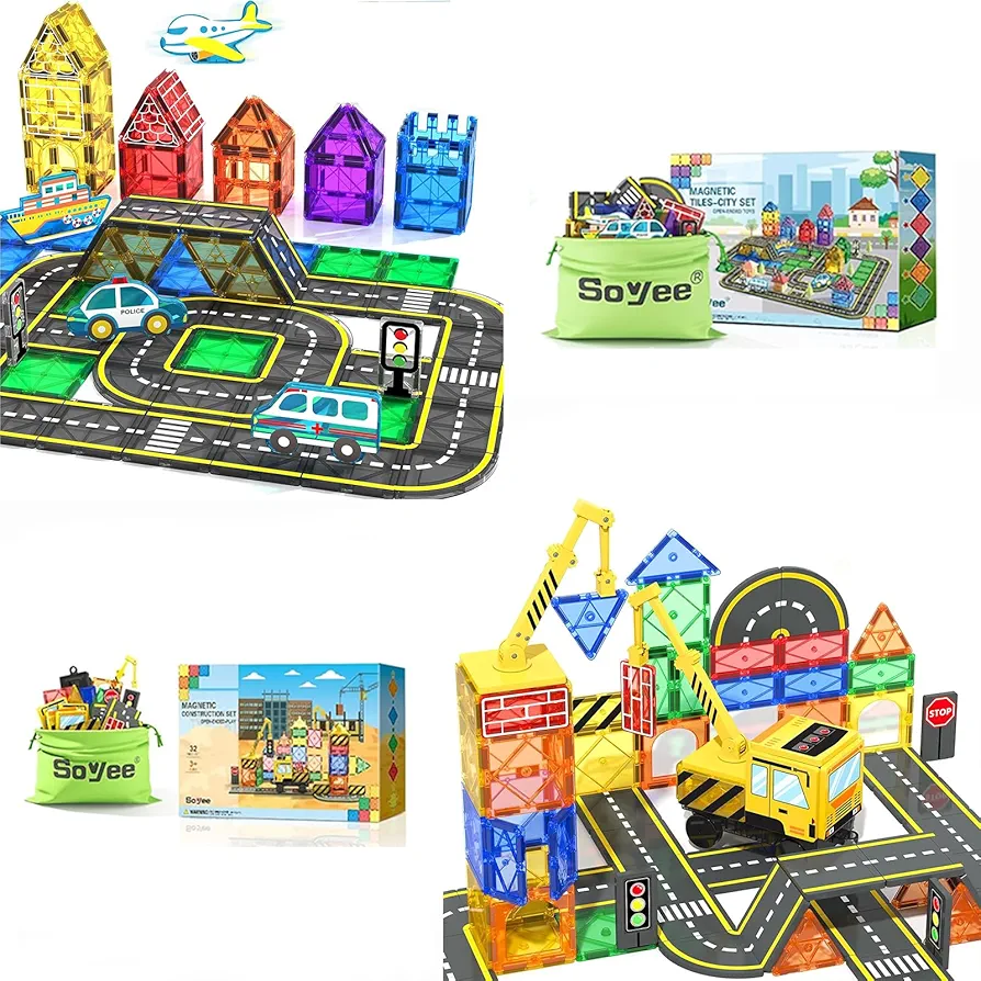 Magnetic Tiles Road Cars Magnetic Building Blocks Magnetic Tiles Construction Set with Crane, Road Pieces and Truck STEM Building Toys for Kids 3+, 4 5 6 7 8 Year Old Boys Birthday Gifts