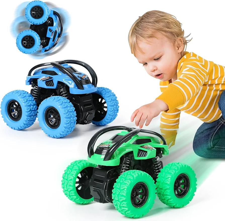 2 Pack Car Toys for 3 4 5 6 Year Old Boy Girl, Pull Back Cars Toys for Toddler Age 3-6, Monster Trucks Pull Back Vehicles Toys, 360° Rotating Stunt Car Toys for Kids Christmas Birthday Gifts