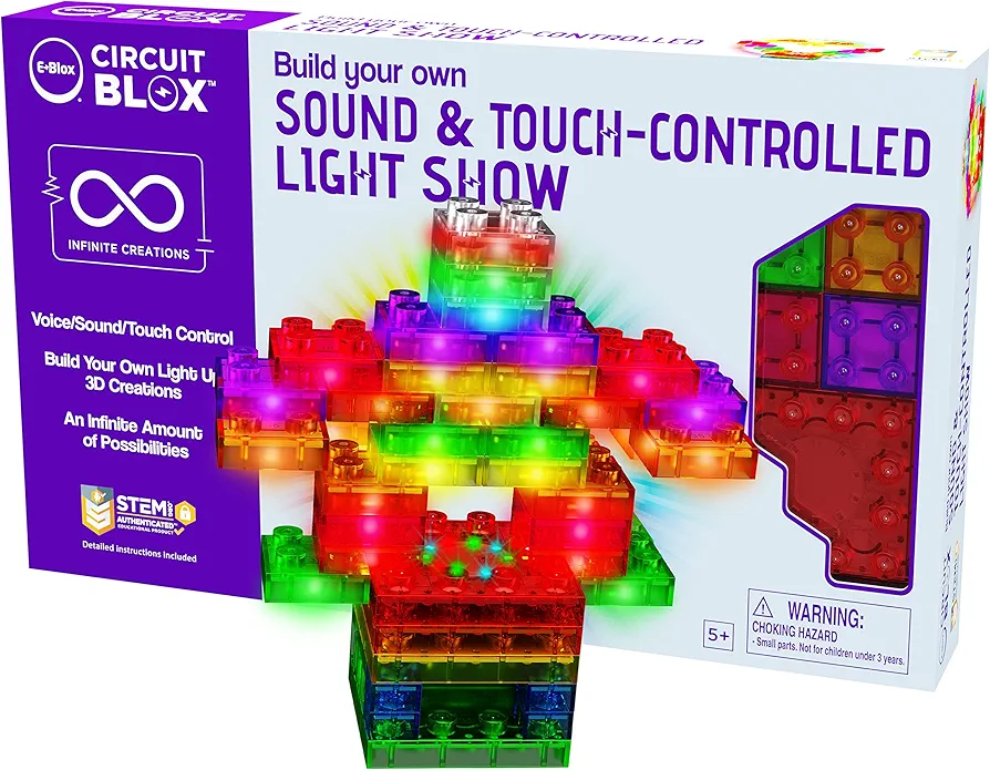 E-Blox Building Blocks STEM Circuit Kit, Build Your Own Sound & Touch Controlled Light Show, LED Lights Fade in & Out, Reacts to Voice & Music, Science, Birthday Gift, Boys, Girls, 5+