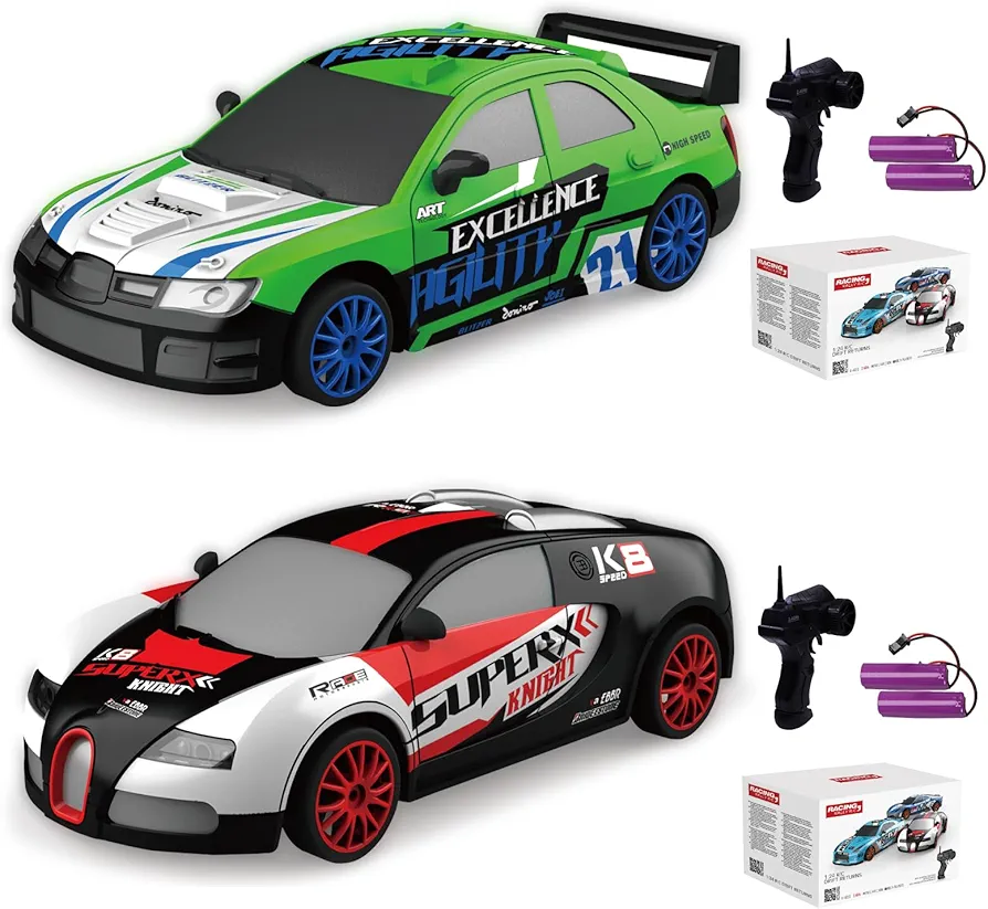 2PCS Remote Control Car RC Drift Car 2.4GHz 1:24 Scale 4WD 15KM/H High Speed Model Vehicle LED Lights Drifting Tire Racing Sport Toy Car for Adult Boy Girl Kid Gift 2Pcs Rechargeable Batterie