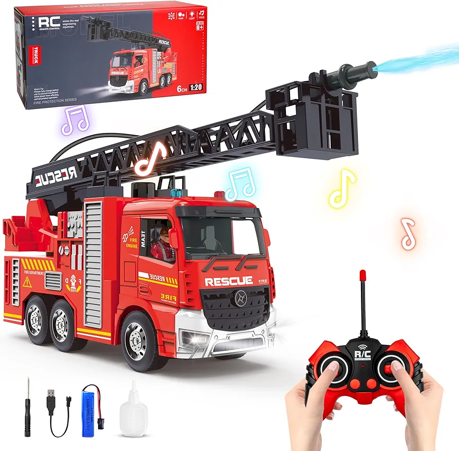 YAYYAY Remote Control Ladder Fire Truck Toy for Kids 6+ - LED Fire Truck Toy with Lights, Bump, Extensible Ladder, Water Spray Function, Boys&Girls Firetruck, Kids Birthday