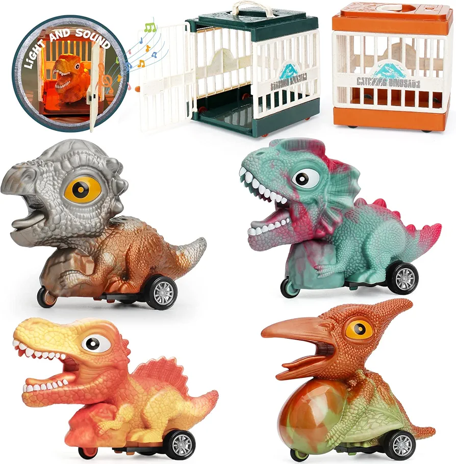 Dinosaur Toys for 2, 3, 4, 5, 6+ Year Old Toddlers Kids, 4 Friction Powered Small Cars Dinos Trucks & 2 Light-up Rescue Cages with Sounds, Educational Gifts Idea for Baby Toddler Boys Girls