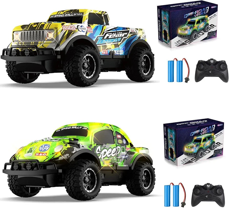 2PCS Remote Control Car, Light Up RC Car Toys, 2.4GHz 1:24 Scale 15KM/H Off-Road with Cool LED Lights Racing Rechargeable Toy Car for Christmas Birthday Kids Boys Girls for 4-7 8-12 Year Old