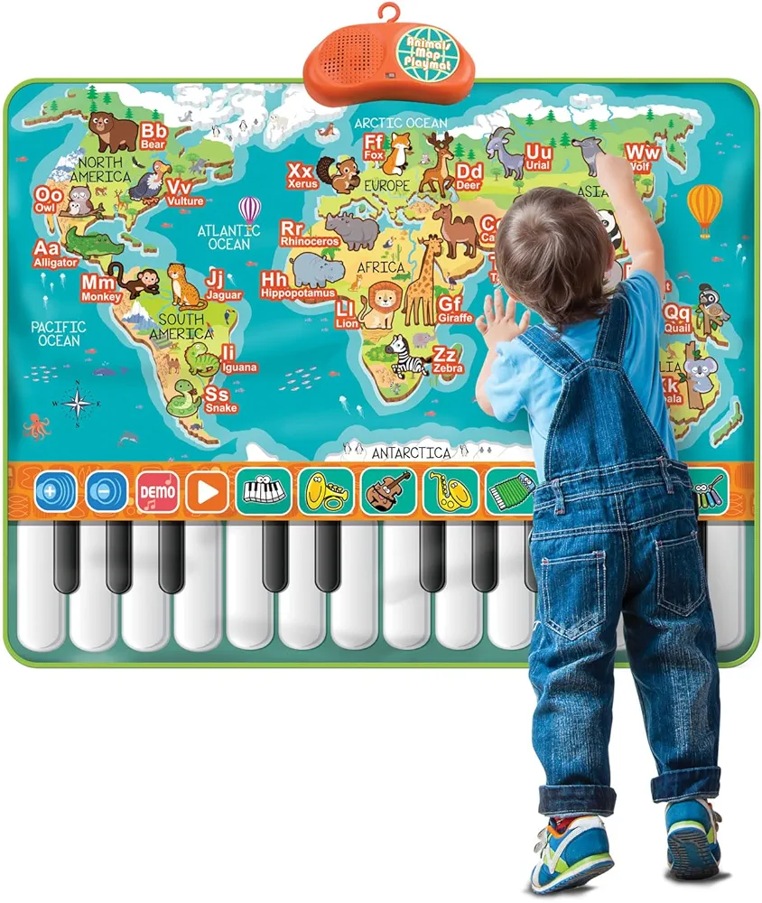 2-in-1 Learning Toys for 1-5 Year Old - Piano Keyboard Mat + Alphabet & Animals Map | Educational Gift for Boys Girls 1 2 3 4 5 - Music Mat, ABC Poster, Interactive Wall Chart for Baby Kids