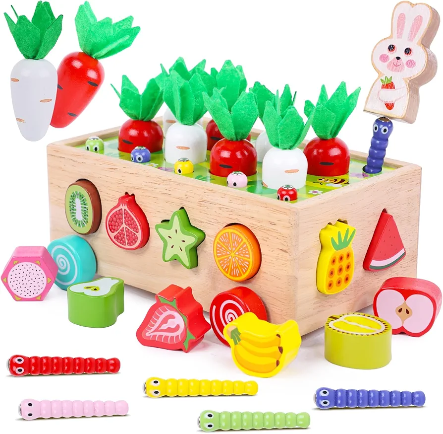 LovesTown Wooden Educational Toys, Montessori Toys for Kids Shape Sorting Toys Carrot Harvest Game Educational Preschool Learning Toys for Boys Girls Birthday Gifts