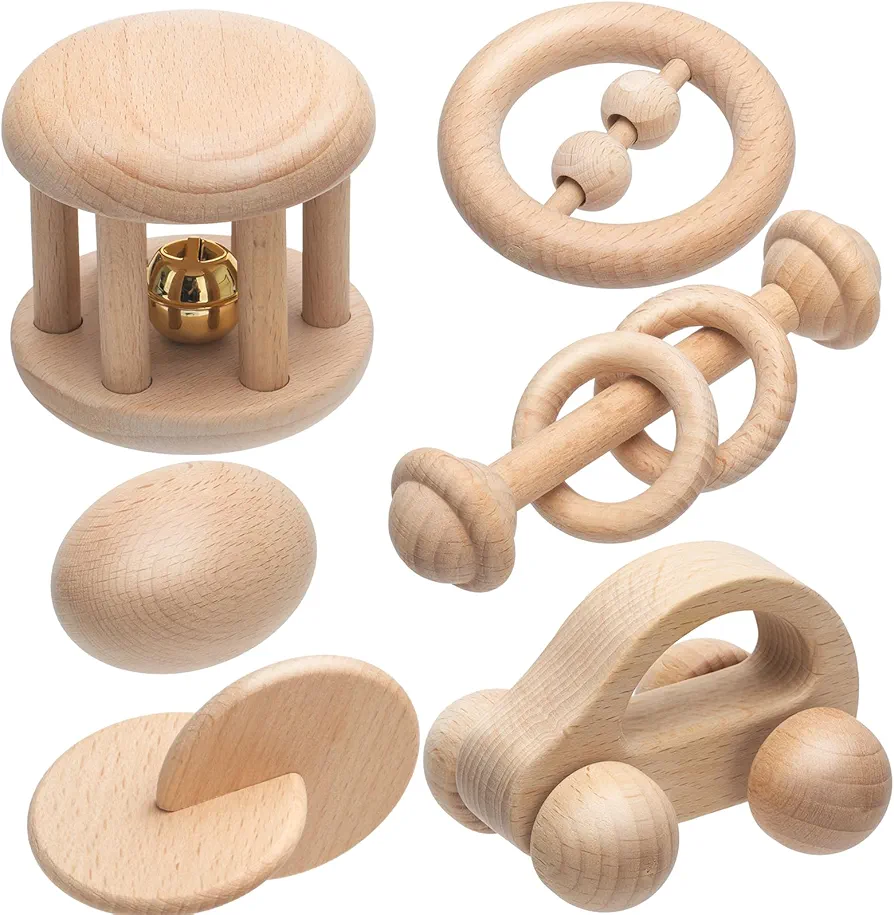 6 Pieces Wooden Baby Toy Set - Montessori Wood Baby Rattles, Push Car and Newborn Toys for Babies 6-12 Months - Wood Toys with Bells for Sensory Development and Early Learning