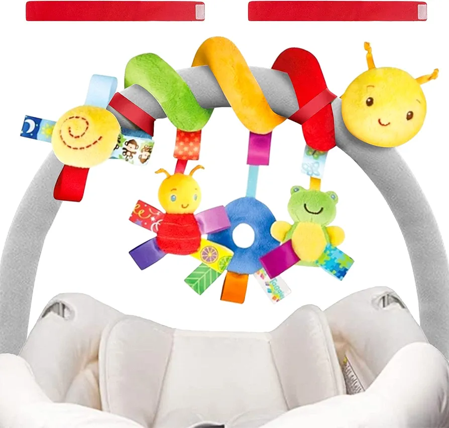 Baby Car Seat Toys Spiral Car Seat Toy Plush Activity Hanging Stroller Toys Crib Bassinet Mobile Toy with BB Squeaker and Rattles,Safety Newborn Toys Bee Frog Hanging Baby Carseat Toys