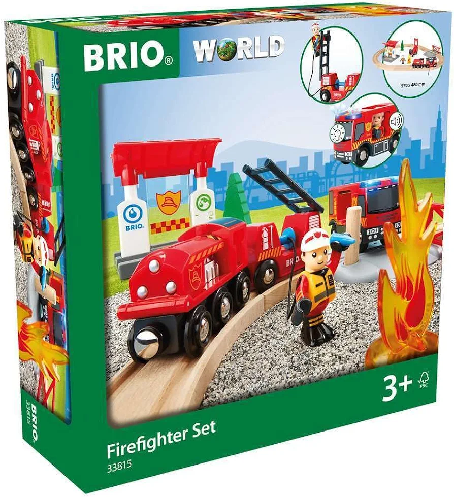 BRIO 33815 Rescue Firefighter Set | 18 Piece Train Toy Set with Fire Truck and Accessories | Kid-friendly Wooden Tracks | Ideal for Toddlers Aged 3 and Up