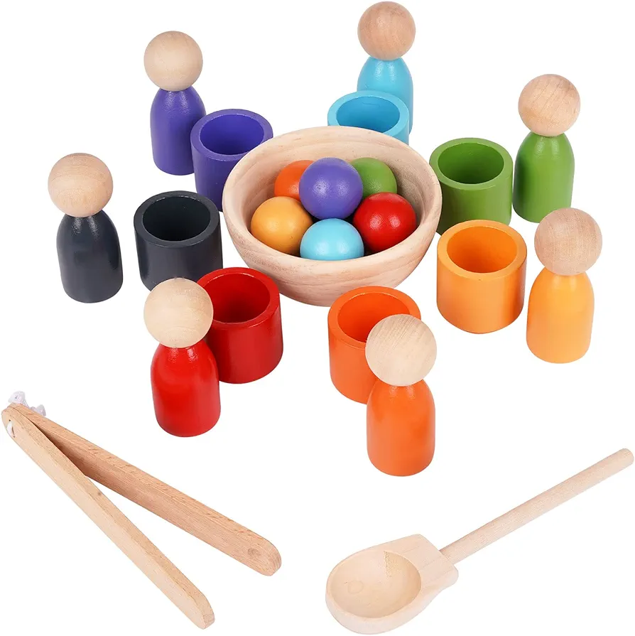 Balls in Cups Montessori Toy Wooden Sorter Game Wooden Peg Dolls in Cups Colorful Balls Peg Dolls and Dishes Color Sorting Preschool Learning Education Fine Motor Skill Toys for Toddlers