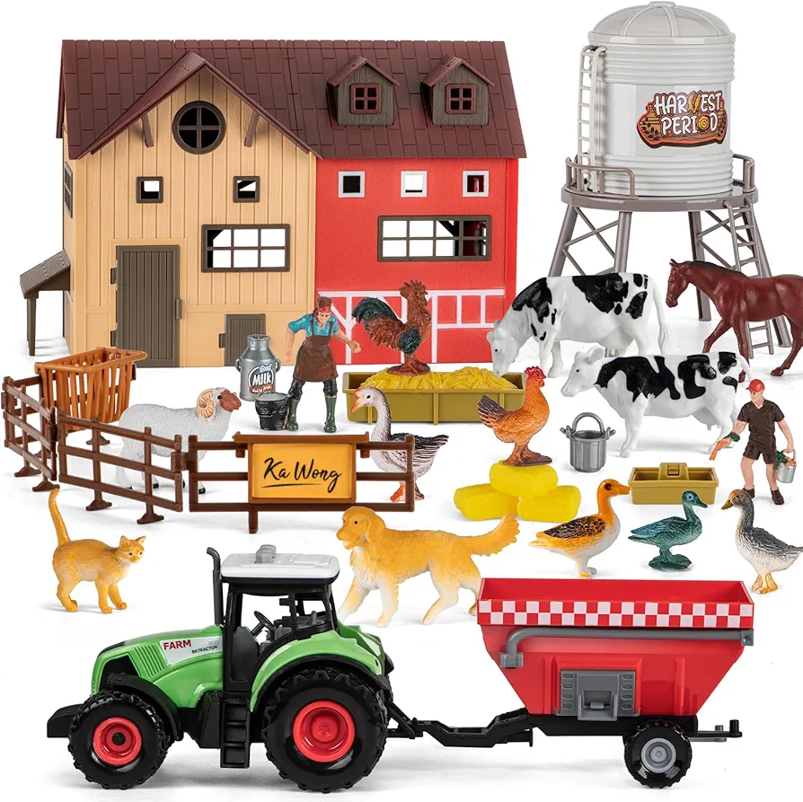 Farm Animal Toy Set with Red Barn, 33Pcs Farm Barn Playset for Kid Toddler 3-5 5-7 Year Old including Animal Figure Farmer Tractor and Farm Life Accessories Horse Cow Sheep Goose Duck Cat Dog