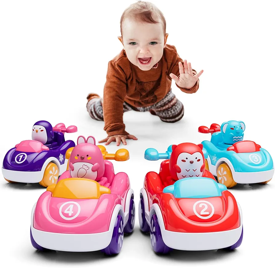 Toys for 1+ Year Old Girl, 4 Pack Animal Cartoon Push Cars Educational Toys for Toddlers 1-3 Years, Baby Car Toys for One Year Old Girl Birthday Gift,Baby Toys 12-18 Months