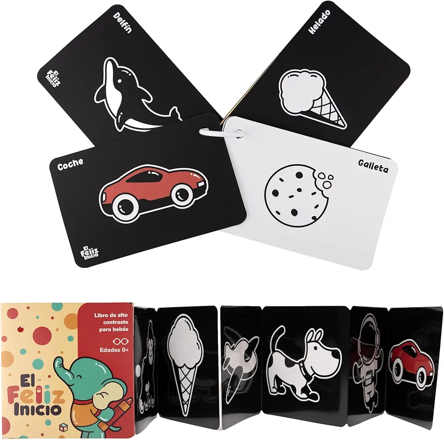 Infant’s Vision Development Bundle - High Contrast Baby Cards - High Contrast Baby Book - Tummy Time Toys - Black and White Baby Toys - Ideal for 0-12 Months (Español)