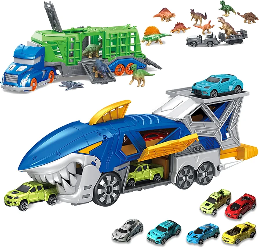 Shark Toy Car Track Set, Launcher Race Car Toys, Dinosaur Carrier Transport Truck Set with 12 Dinosaur Figures