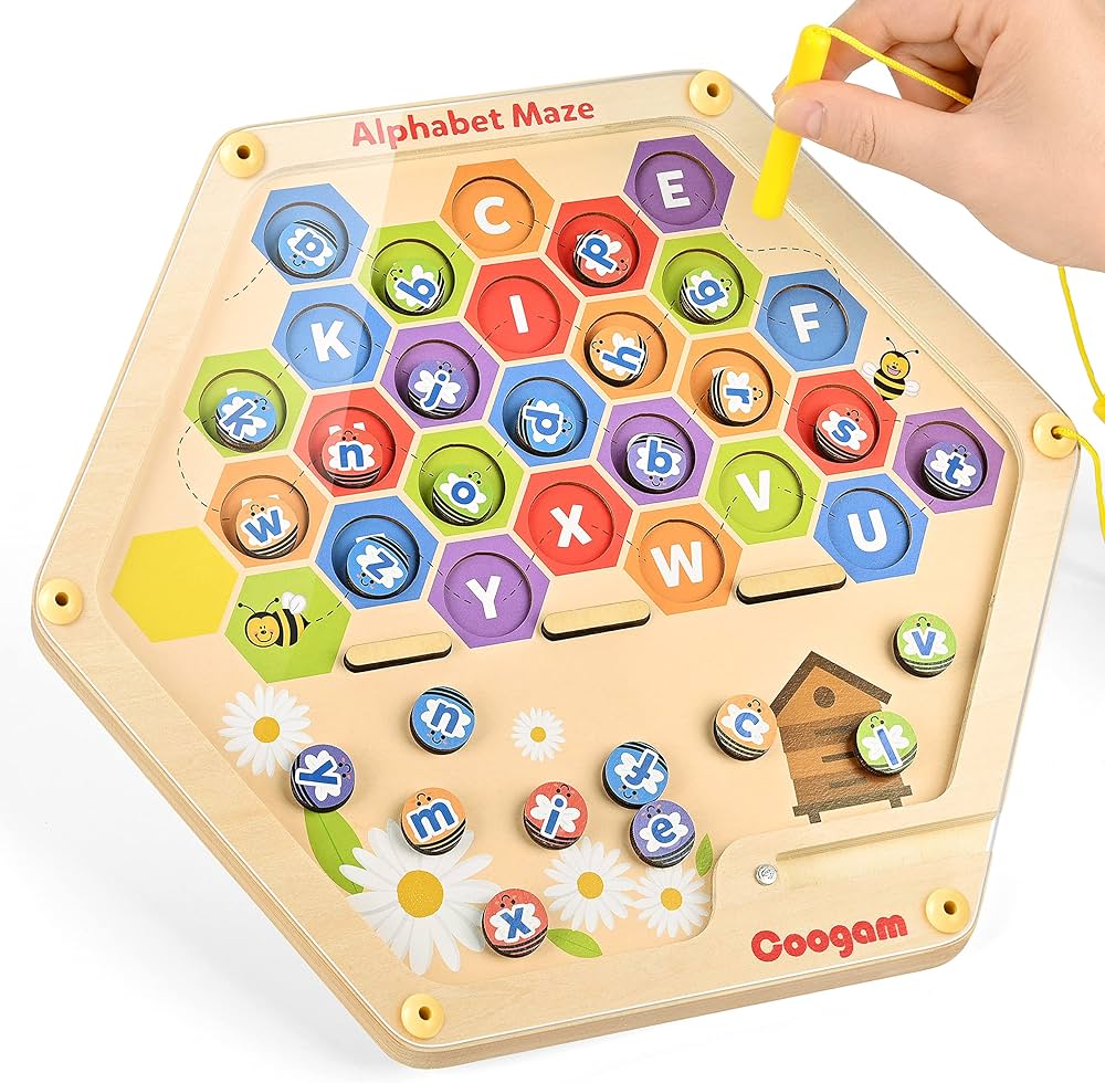 Coogam Magnetic Alphabet Maze Board Wooden ABC Letters Matching Puzzle Fine Motor Skills Montessori Educational Learning Toy Game for 3 4 5 Year Old Kids