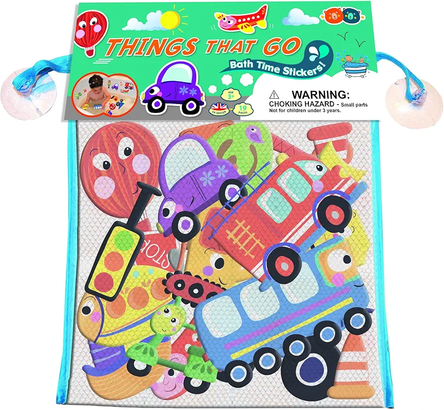 Buddy & Barney Bath Time Vehicle Stickers - Things That go Bath Time Stickers - Bath Foam Car Stickers for Kids Amusement - Set of 19 Transport Vehicle Stickers with Mesh Bag, Toddlers Bath Fun