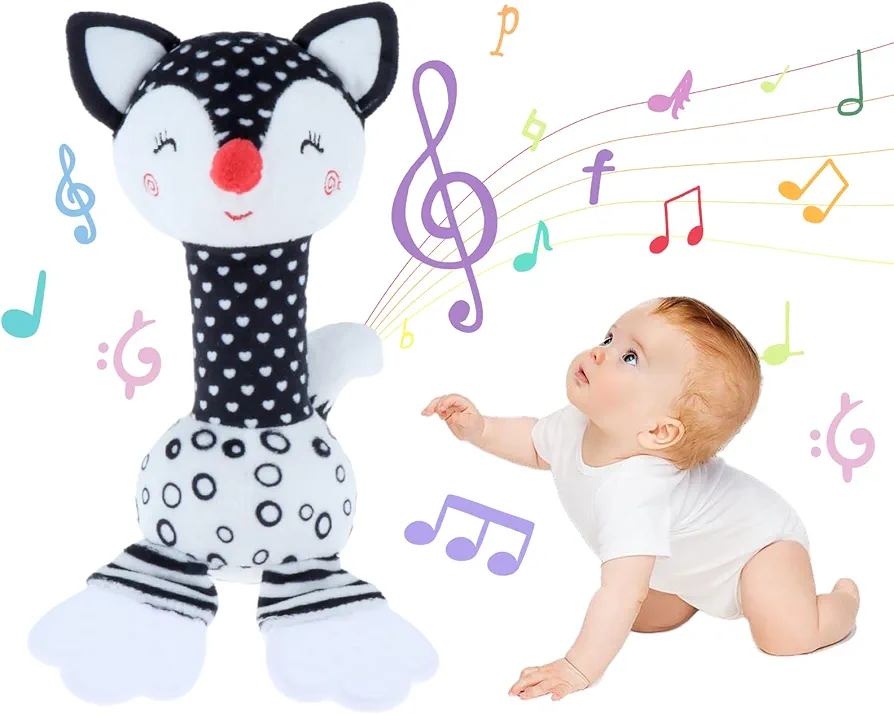 1PC Soft Baby Rattles Fox 0-6 Months Newborn Toys,Black and White High Contrast Baby Toys Rattle for Infants 0-3 6-12 Months Babies Montessori Brain Development Teether Chew Toy Plush