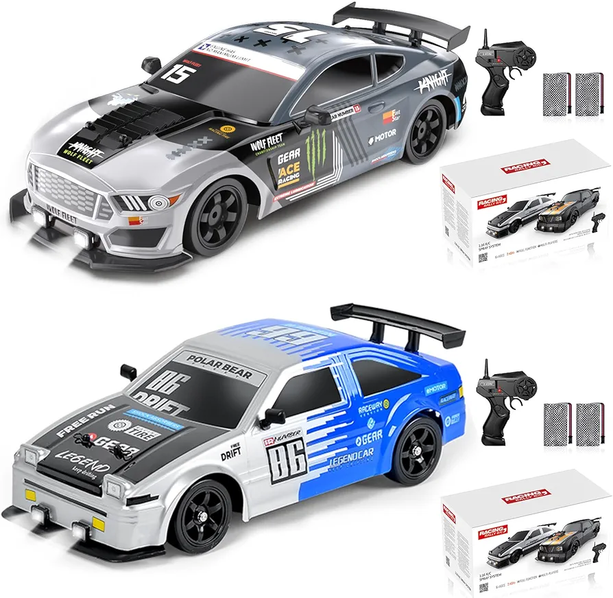 2PCS Remote Control Car RC Drift Car 1:16 Scale 4WD 18KM/H High Speed Model Vehicle 2.4GHz with LED Lights Spray Rubber Tire Racing Sport Toy Car for Adults Boys Girls Kids Gift 2Pcs Rechargeable Batt