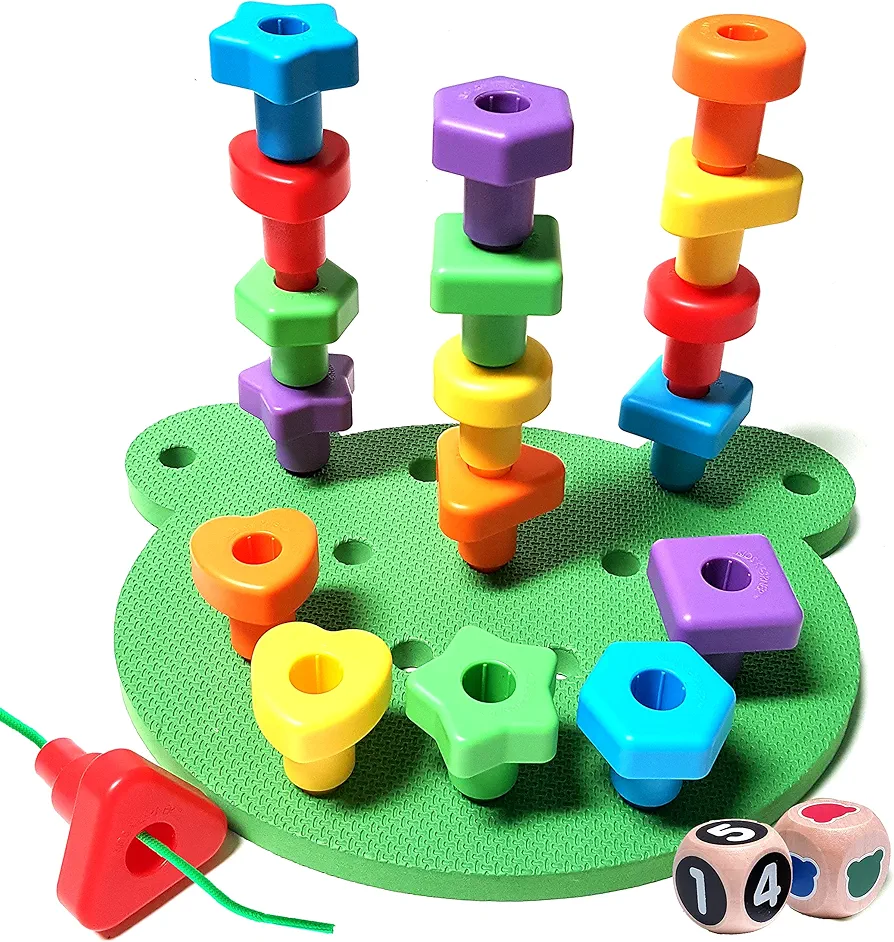 Peg Board Stacking Toddler Toys - Lacing Fine Motor Skills Montessori Toys for 3 4 5 Year Old Girls and Boys | Educational Matching Shapes Kids Toys with Pegs, Activity eBook & Travel Backpack