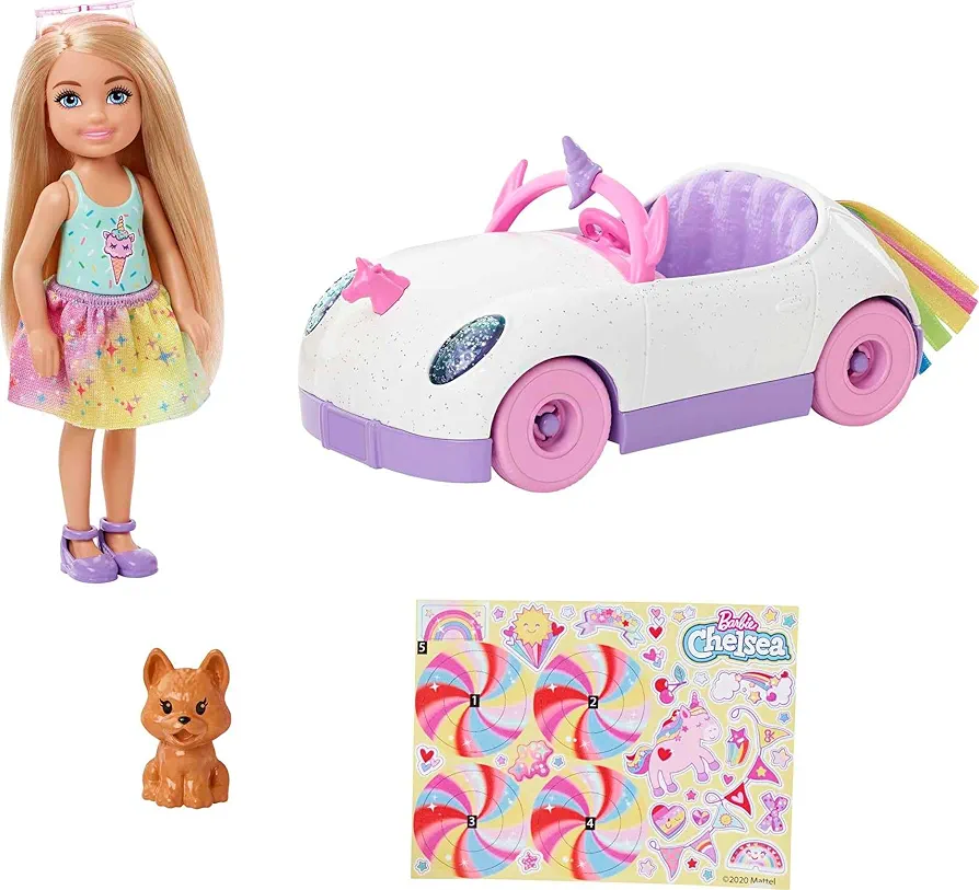 Barbie Chelsea Doll & Toy Car with Unicorn Theme, Blonde Small Doll in Removable Skirt, Pet Puppy, Sticker Sheet & Accessories