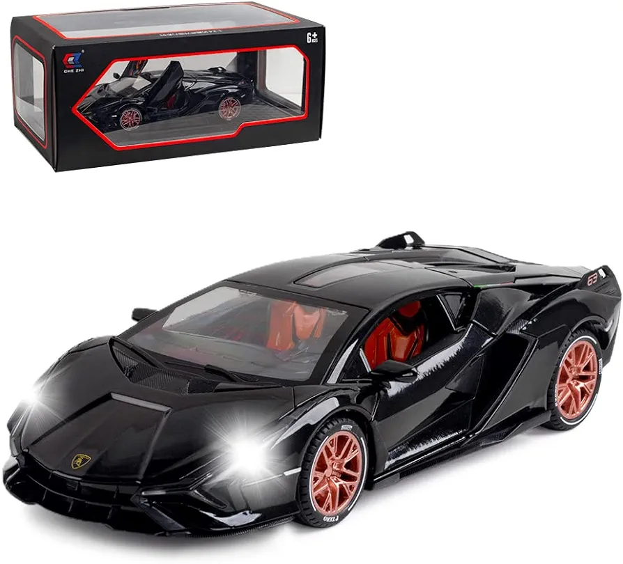 1/24 Diecast Car Toys for Kids, Zinc Alloy Lambo Sian FKP 37 Model Toy Car with Light and Sound, Pull Back Vehicles Toy Car for Toddlers Boys Girls Birthday Gift (Black)