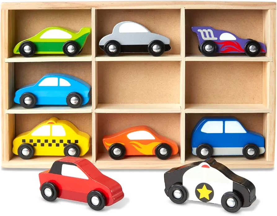 Melissa & Doug Wooden Cars Vehicle Set in Wooden Tray - Toys For Toddlers And Kids Ages 3+