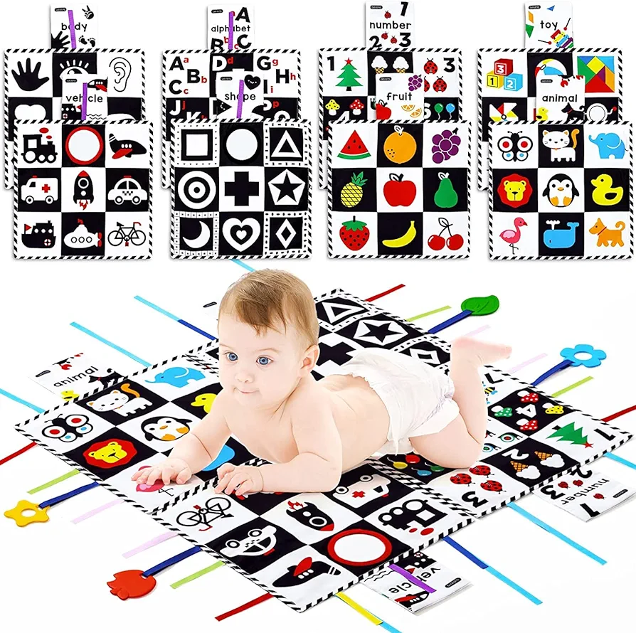 beiens Baby Toys 0-6 Months, Tummy Time Crinkle Toys with Mirror, Black and White High Contrast Sensory Toys for 0-6-12-18 Months Toddler Newborn, Boy Girl Gift Set, Play Mats-4 in 1