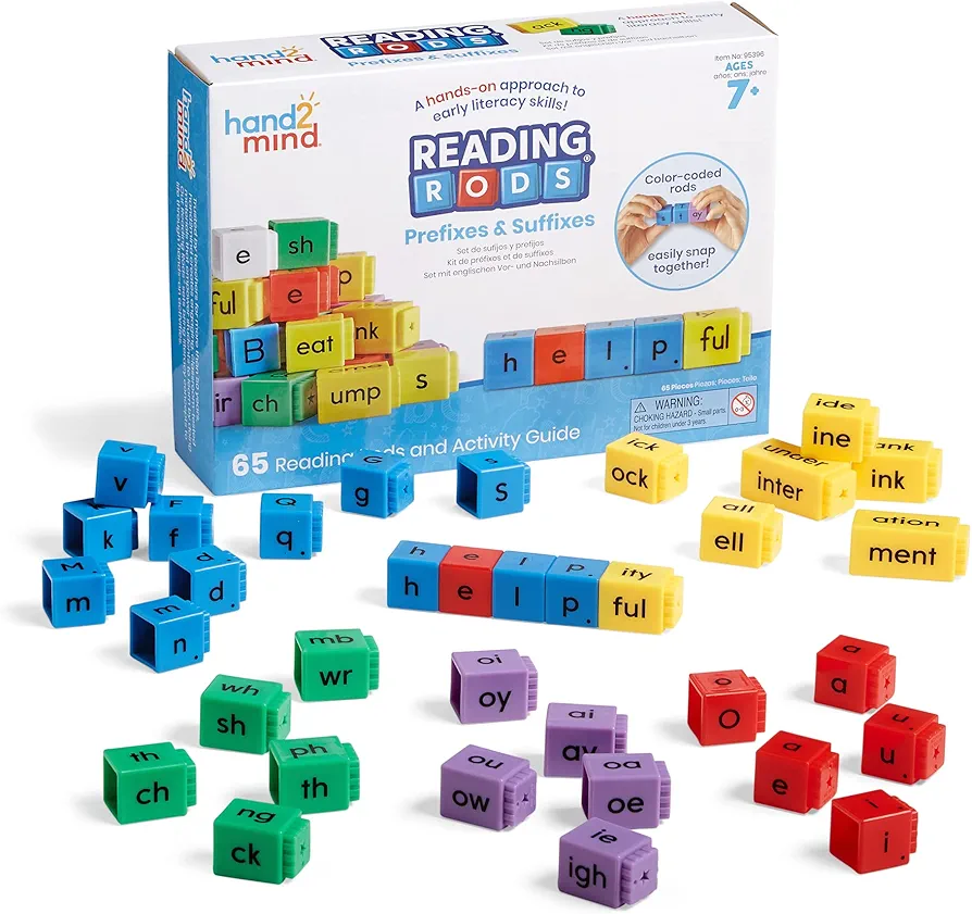 hand2mind Reading Rods Prefixes & Suffixes, Word Roots for Kids, Word Building Activities, Spelling Toys, Reading Tools for Kids, Phonemic Awareness and Phonics, Science of Reading Manipulatives