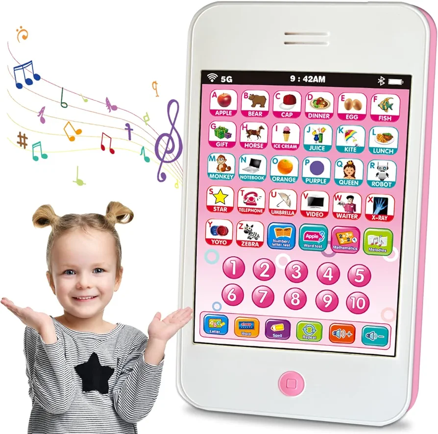 Baby Phone /Kids Tablet Learn Alphabets Words Numbers Music- ABC Learning for Toddlers Educational Toy for 3Years+ (Pink)