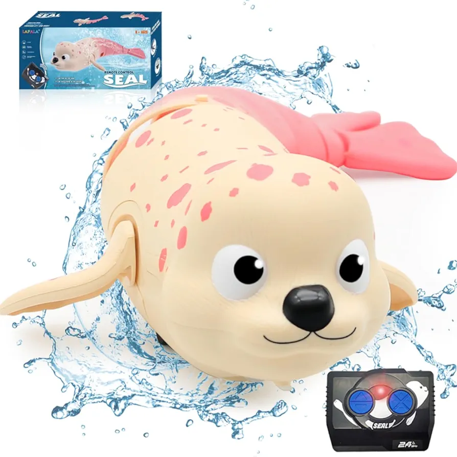 Pool Toys Amphibious Remote Control Lazy Seal 2.4Ghz Rechargeable Battery Cute Toys Robot Fish Remote Control Shark Car Bath Toy Interactive Crawling Toys for Kids Toddler 3,4,5,6 Years Old Girls Gift