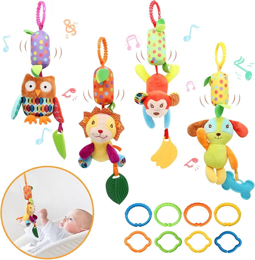 Soft Baby Rattle Toys, Hanging Rattle Clip On Car Seat and Baby Stroller for Infants, Sensory Plush Animal Toys for Newborn Baby Girls and Boys (12 PCS)