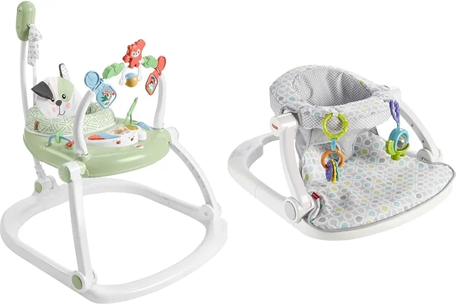 Fisher-Price Baby Bouncer SpaceSaver Jumperoo Activity Center with Lights Sounds and Folding Frame, Puppy Perfection and Portable Baby Chair Sit-Me-Up Floor Seat with Toys & Machine Washable Seat Pad