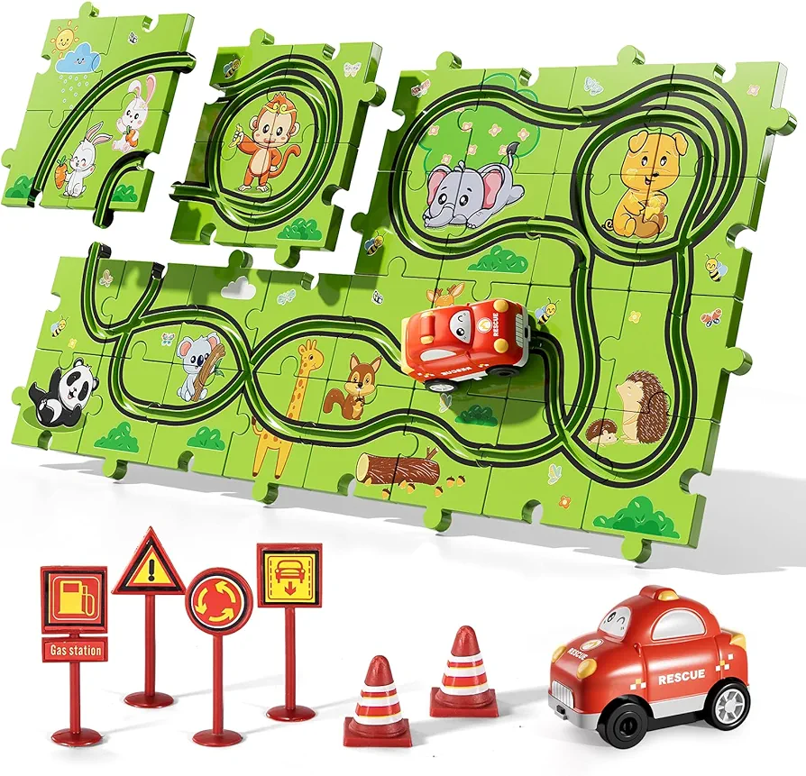 Bennol Toddler Toys Gifts for 3 4 5 Year Old Boys, 39 Jigsaw Puzzle Race Track Car Set Toys for Kids Boys Toddlers 3-5 4-6, Puzzle Tracks Car Toys Gifts for 3 4 5 Year Old Boys Kids