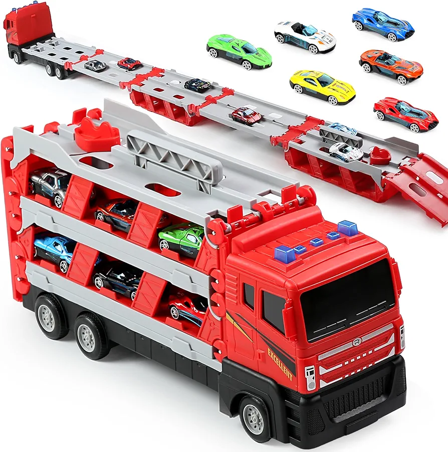 Toy Trucks with 64-Inch Ejection Race Track, Catapulting Racing track with 6 Cars, Kid’s Cool Folding Truck Toy, Cars Storage and Transporter Toy Truck for 4 5 6 7 8 9 Years Old Boys and Girls