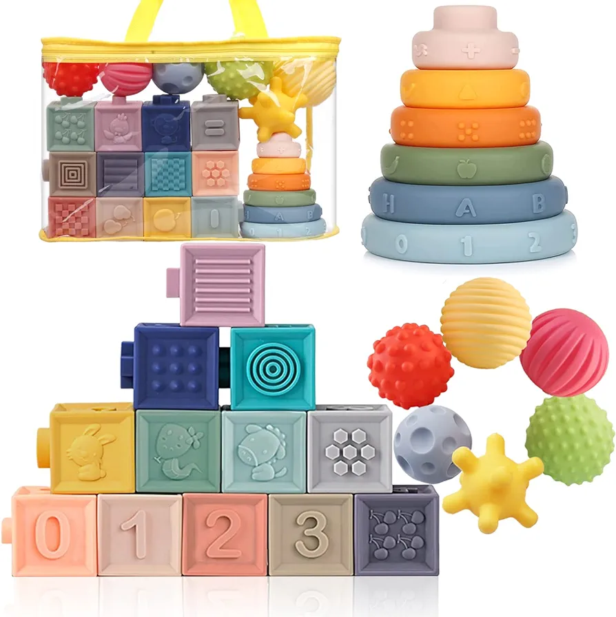 Montessori Toys Soft Stacking Building Blocks Rings Balls Sets 3 in 1 Baby Toys Bundle for Babies 6-12 Months Sensory Toys for Toddlers 1-3 Teething Bath Toys for Infants Learning Toy