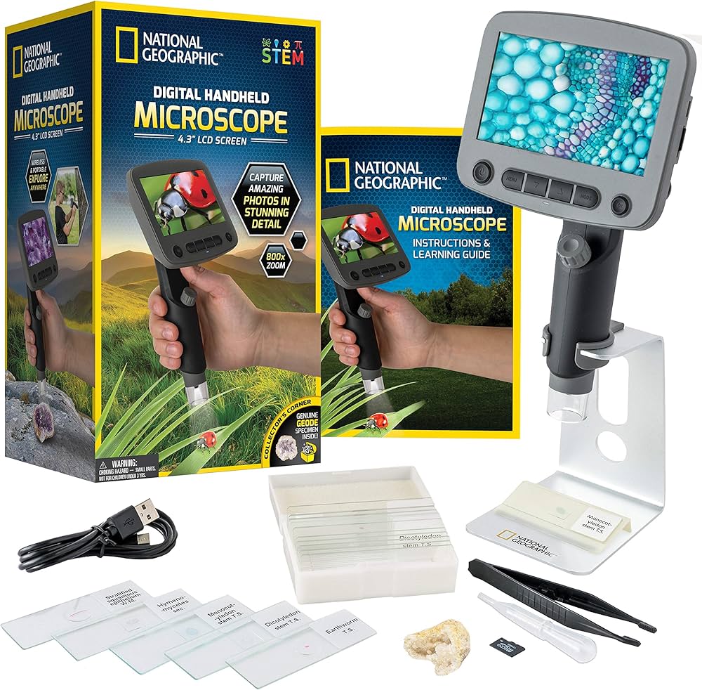 National Geographic Digital Microscope for Kids – 40-Piece Handheld Microscope, Lightweight, Portable, Capture 1080p Photos & Video on Micro SD Card, Tilting 4.3-Inch LCD Screen, 800x Magnification