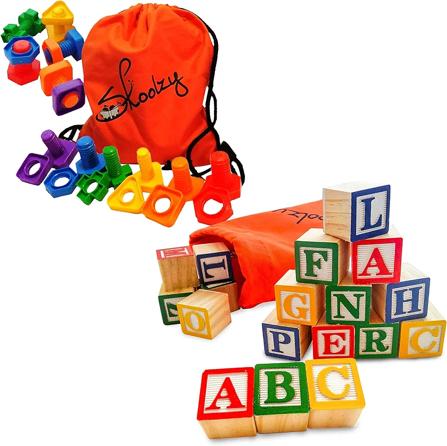 Skoolzy Monntessori Learning Toys - ABC Wooden Blocks and Nuts and Bolts - Occupational Therapy and Matching Games for Kids