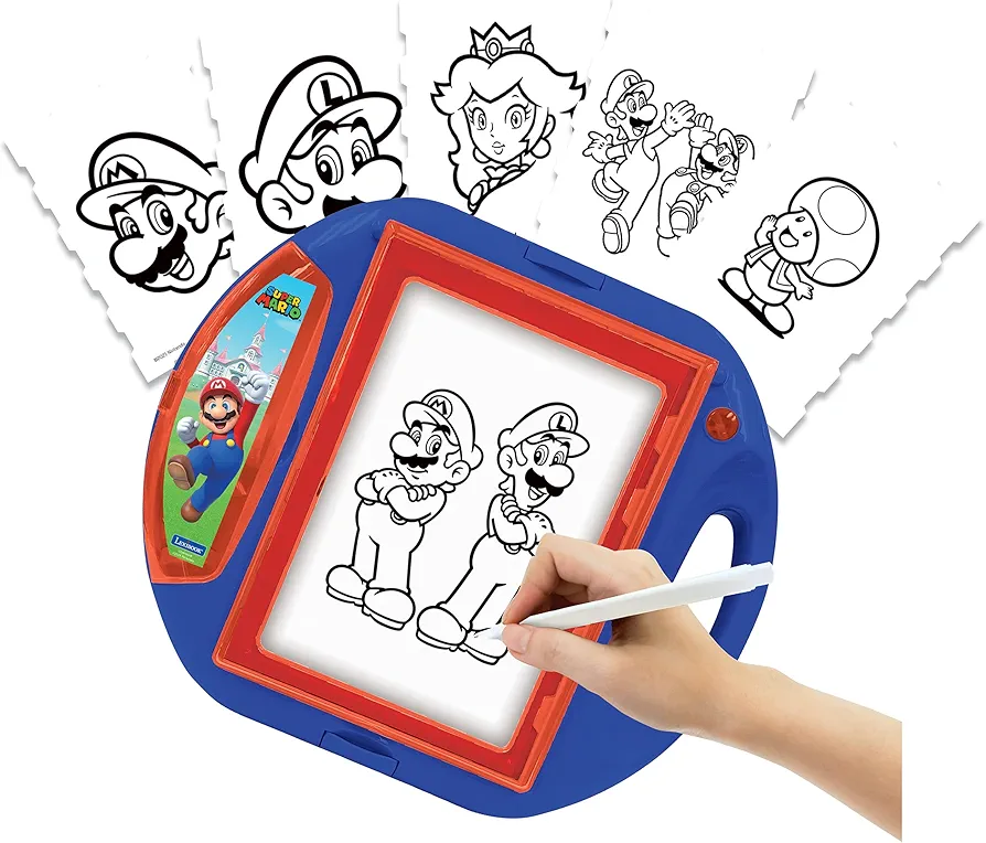 LEXIBOOK CR310NI Super Mario Drawing Projector, 4 Stamps, 10 templates, Lighting Screen, 1 Pen Included, Artistic and Creative Toy for Girls and Boys, Red/Blue